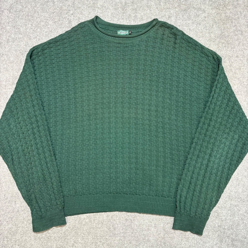 Arcadia Mens XL Forest Green Textured Basketweave Knit Crew Neck Sweater USA